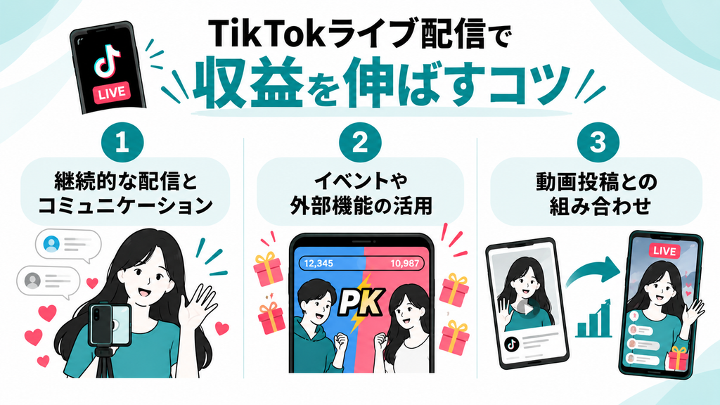 TikTokライブ配信　収益　伸ばす　コツ